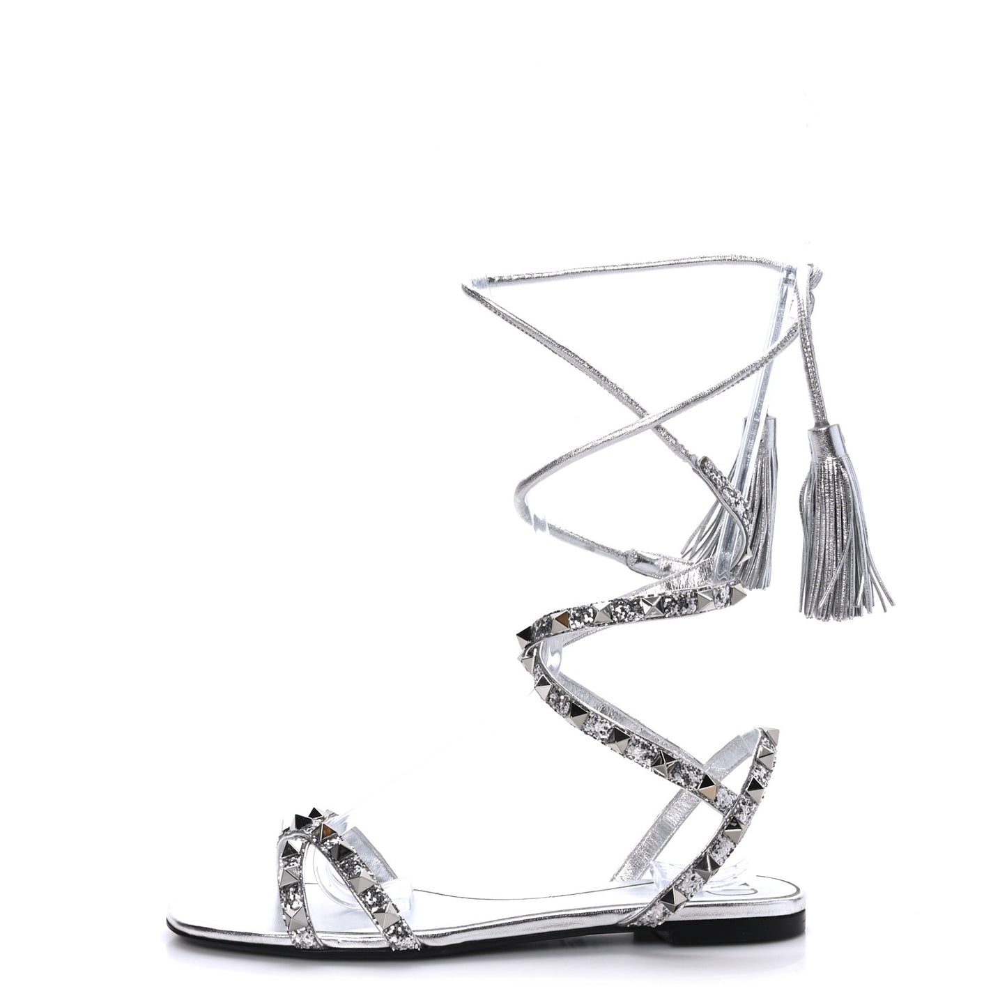 Nappa Glitter Rockstud Tassel Ankle Wrap Flat Sandals 38 Silver