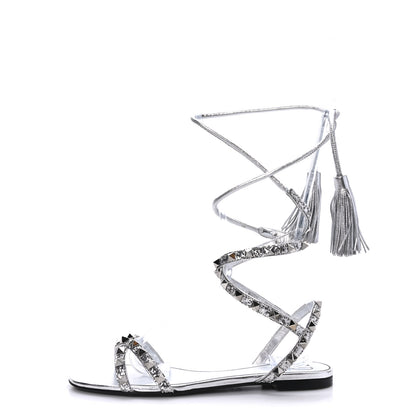 Valentino Garavani Nappa Glitter Rockstud Tassel Ankle Wrap Flat Sandals 38 Silver 1 of 7