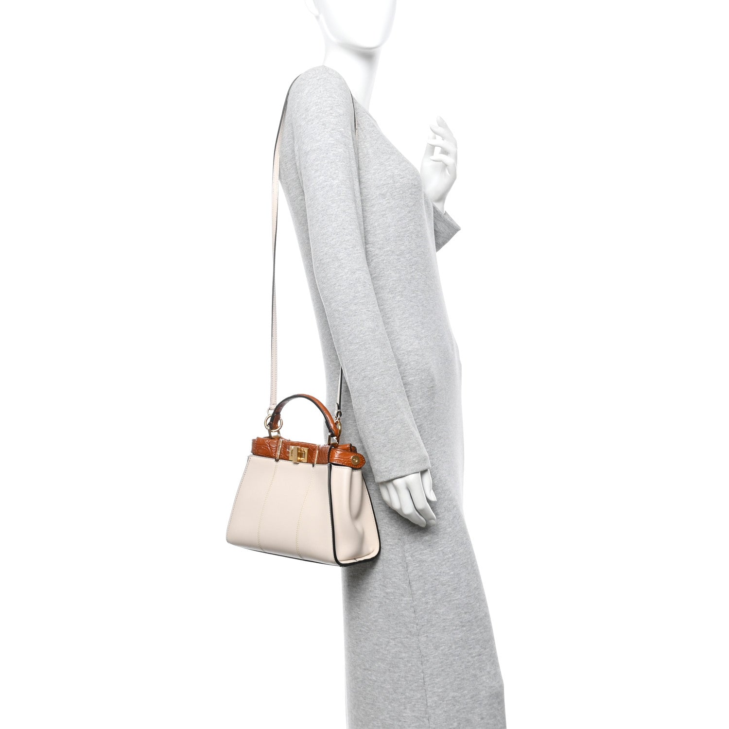 Fendi Calfskin Crocodile Mini Peekaboo Iconic Satchel Camelia