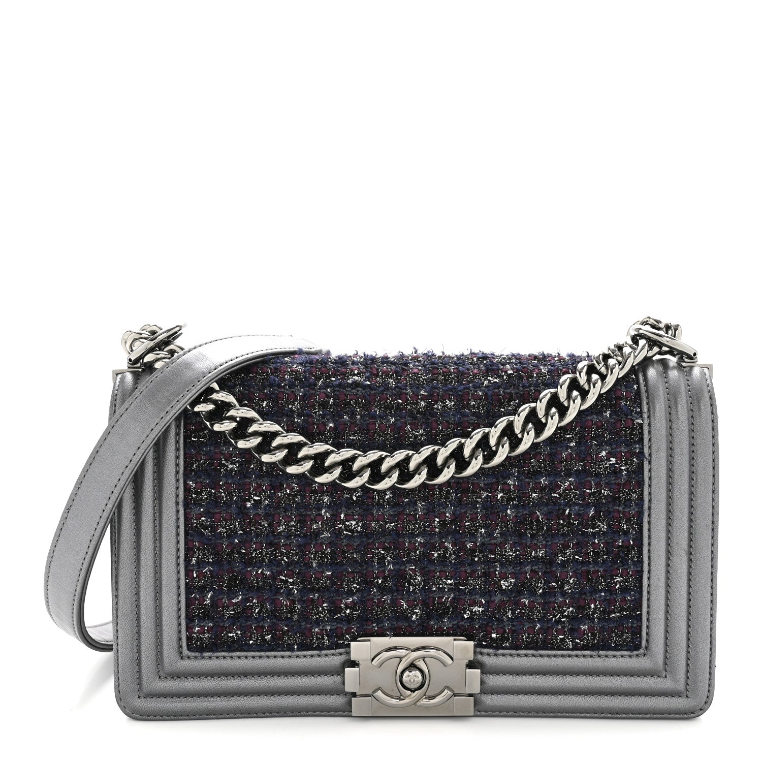 Chanel Tweed Metallic Lambskin Medium Boy Flap Silver 1 of 14