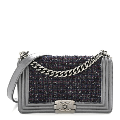 Chanel Tweed Metallic Lambskin Medium Boy Flap Silver 1 of 14