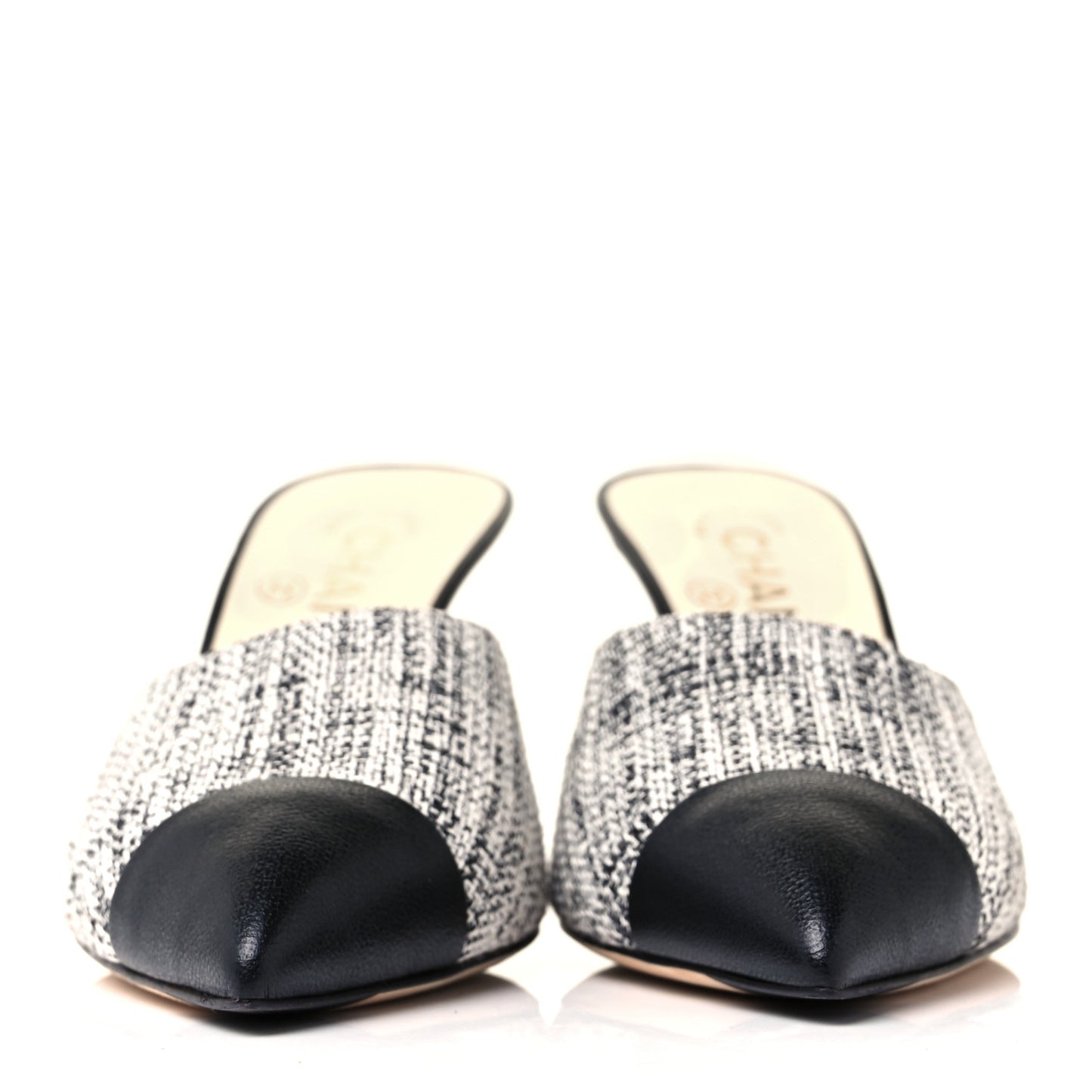 Tweed Goatskin Pearl Mules 36.5 Black White
