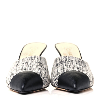 Chanel Tweed Goatskin Pearl Mules 36.5 Black White 2 of 8