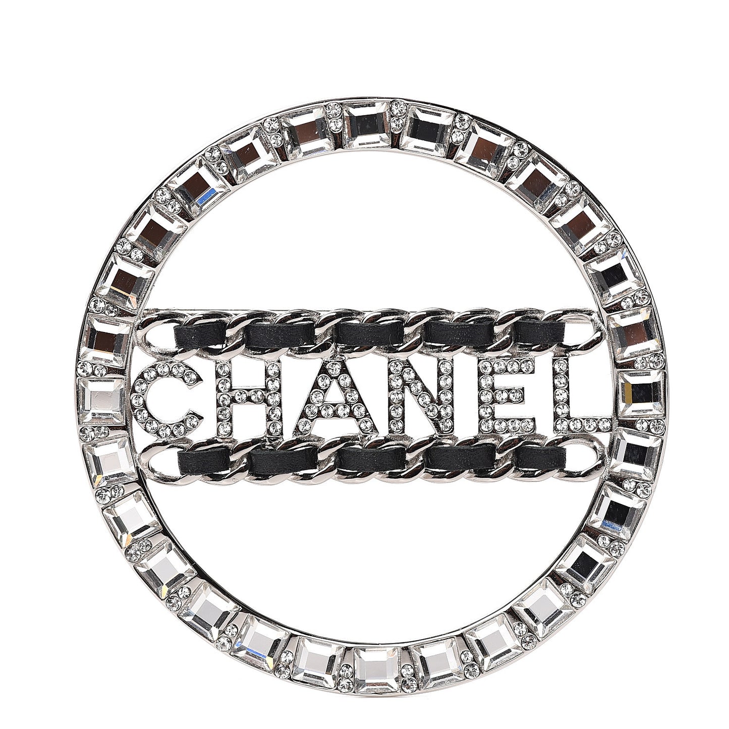 Lambskin Baguette Crystal Logo Brooch Black Silver