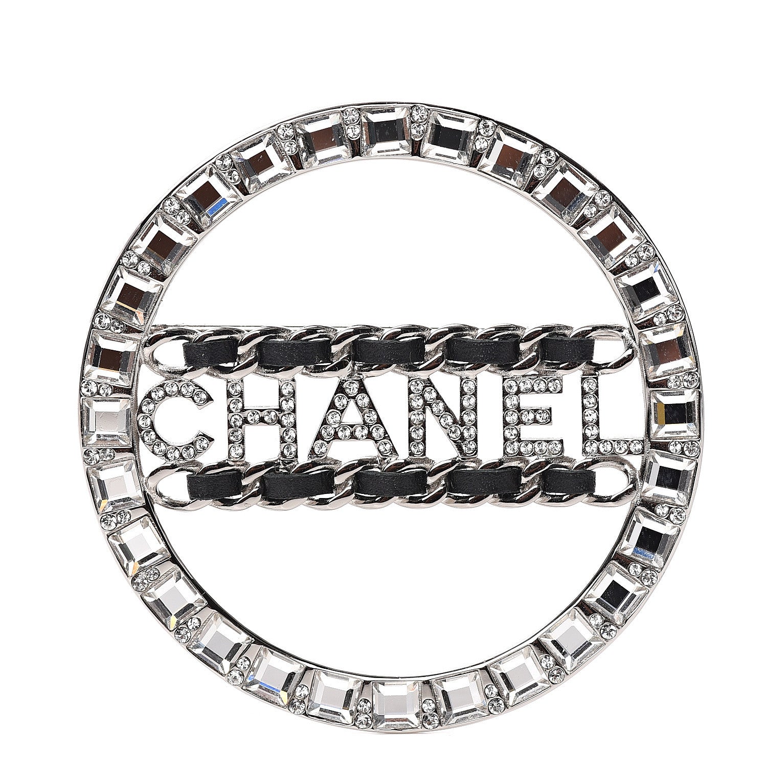 Chanel Lambskin Baguette Crystal Logo Brooch Black Silver 1 of 4
