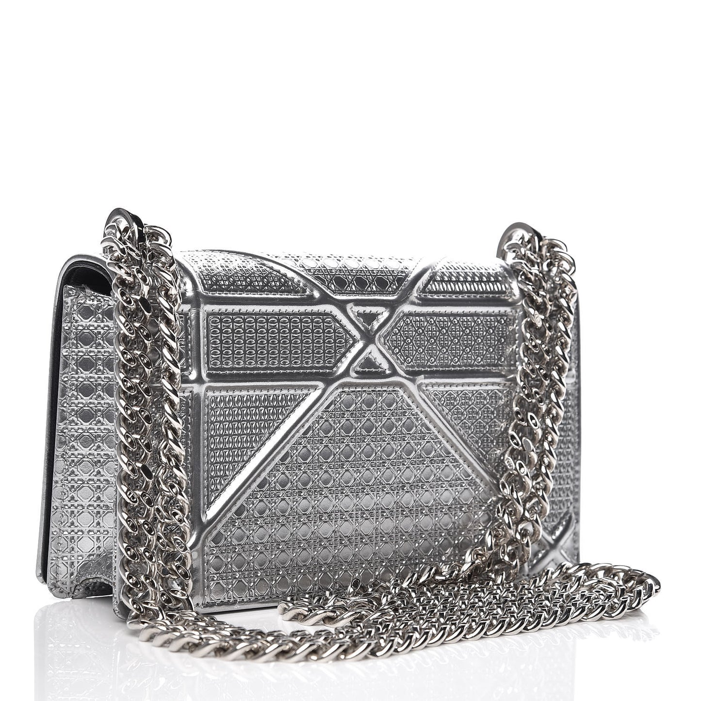 Metallic Patent Micro-Cannage Baby Diorama Flap Bag Silver