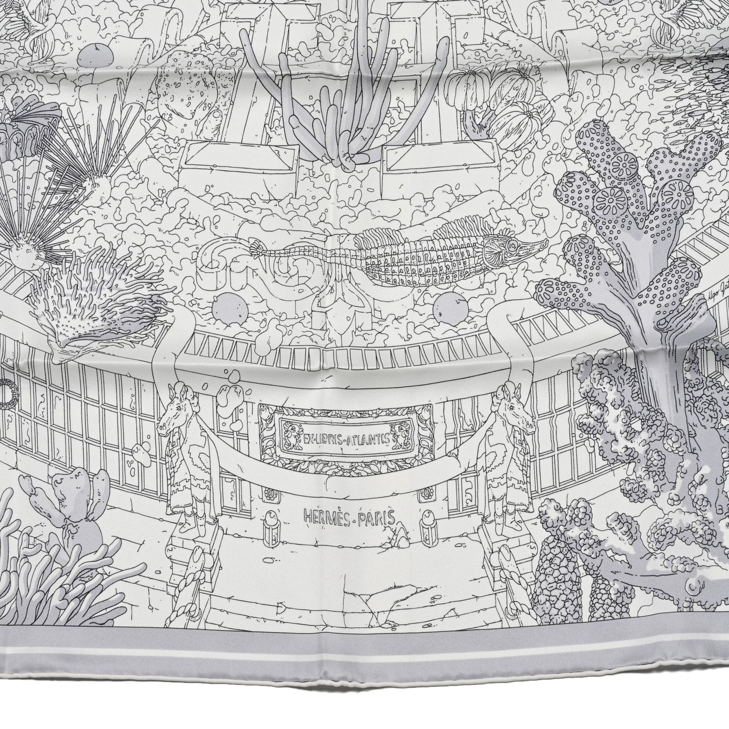 Vintage Silk Ex Libris Atlantis Scarf 70 White Gris Mastic