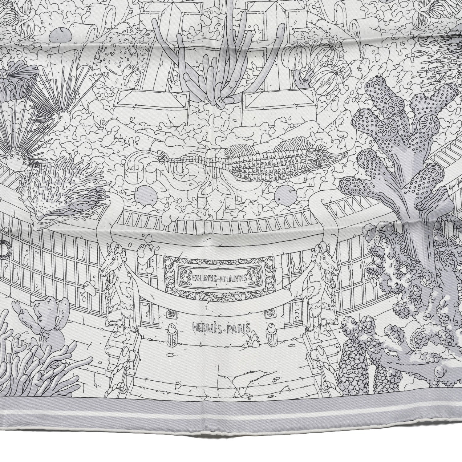 Hermes Vintage Silk Ex Libris Atlantis Scarf 70 White Gris Mastic 5 of 5
