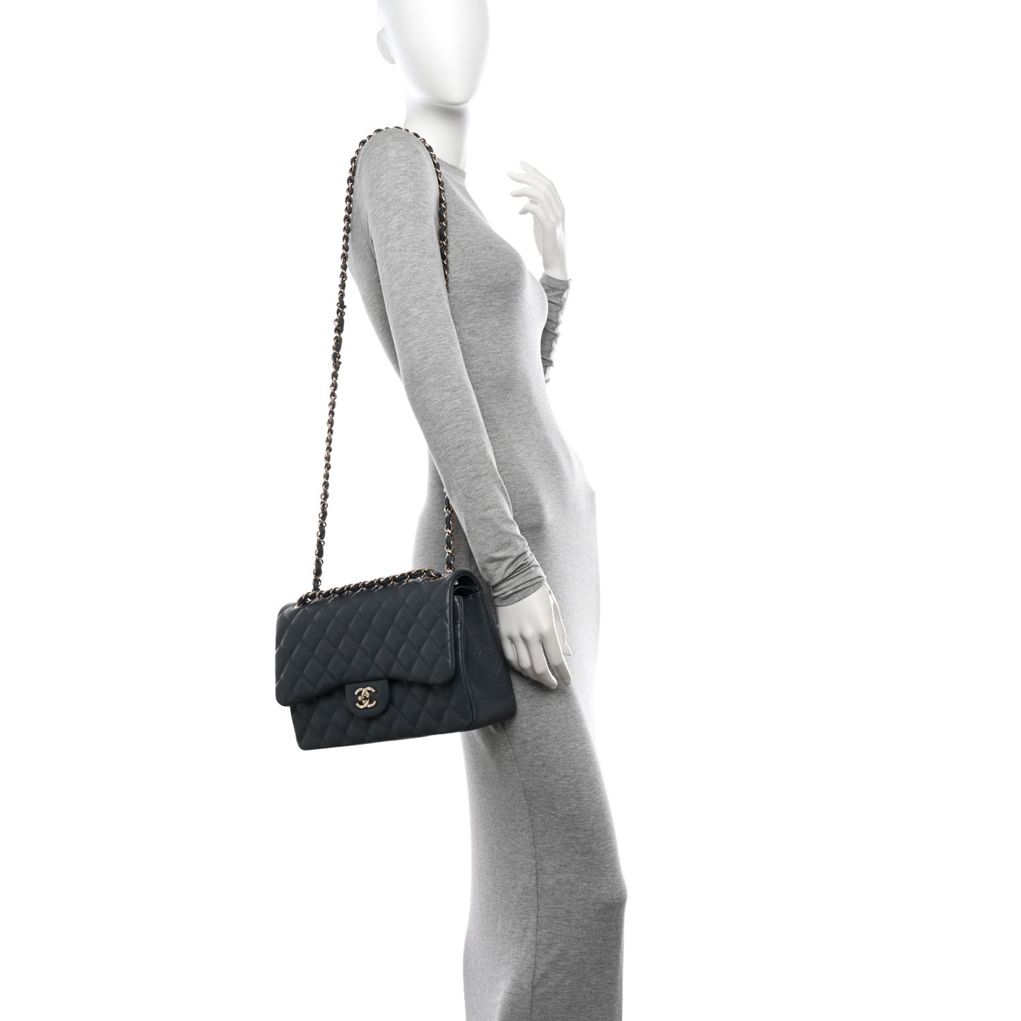 Caviar Quilted Jumbo Double Flap Grey