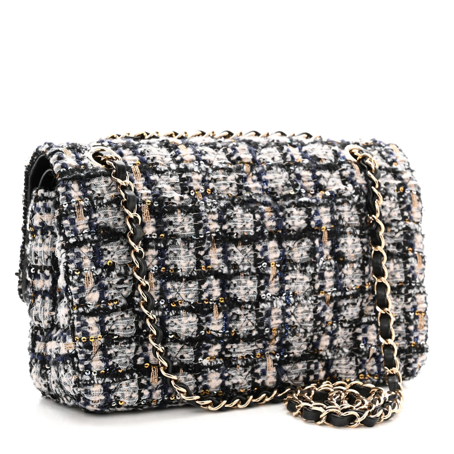 Glittered Tweed Quilted Medium Double Flap Navy Blue