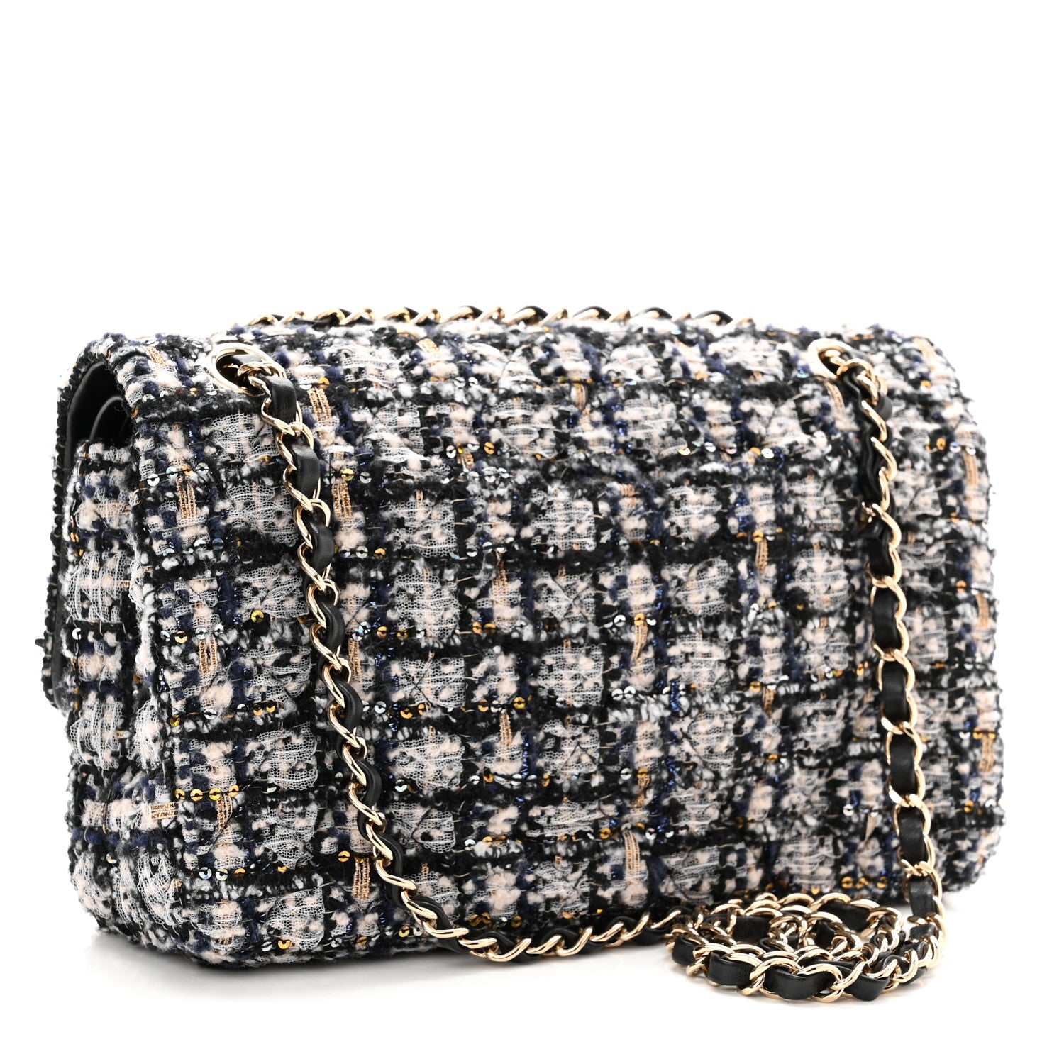 Chanel Glittered Tweed Quilted Medium Double Flap Navy Blue 3 of 12