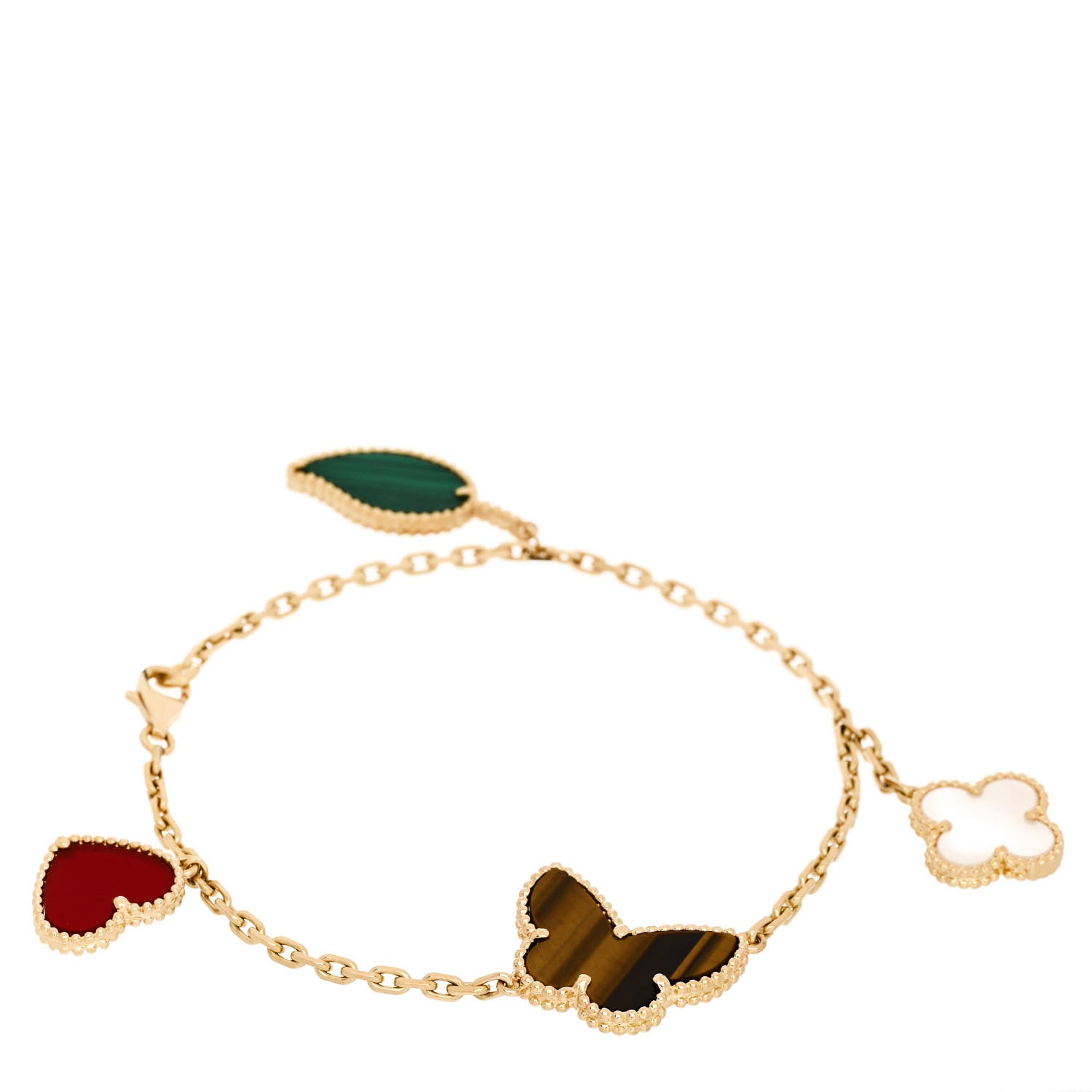 Van Cleef & Arpels 18K Yellow Gold Mother of Pearl Malachite Carnelian Tiger Eye 4 Motifs Lucky Alhambra Bracelet 1 of 3