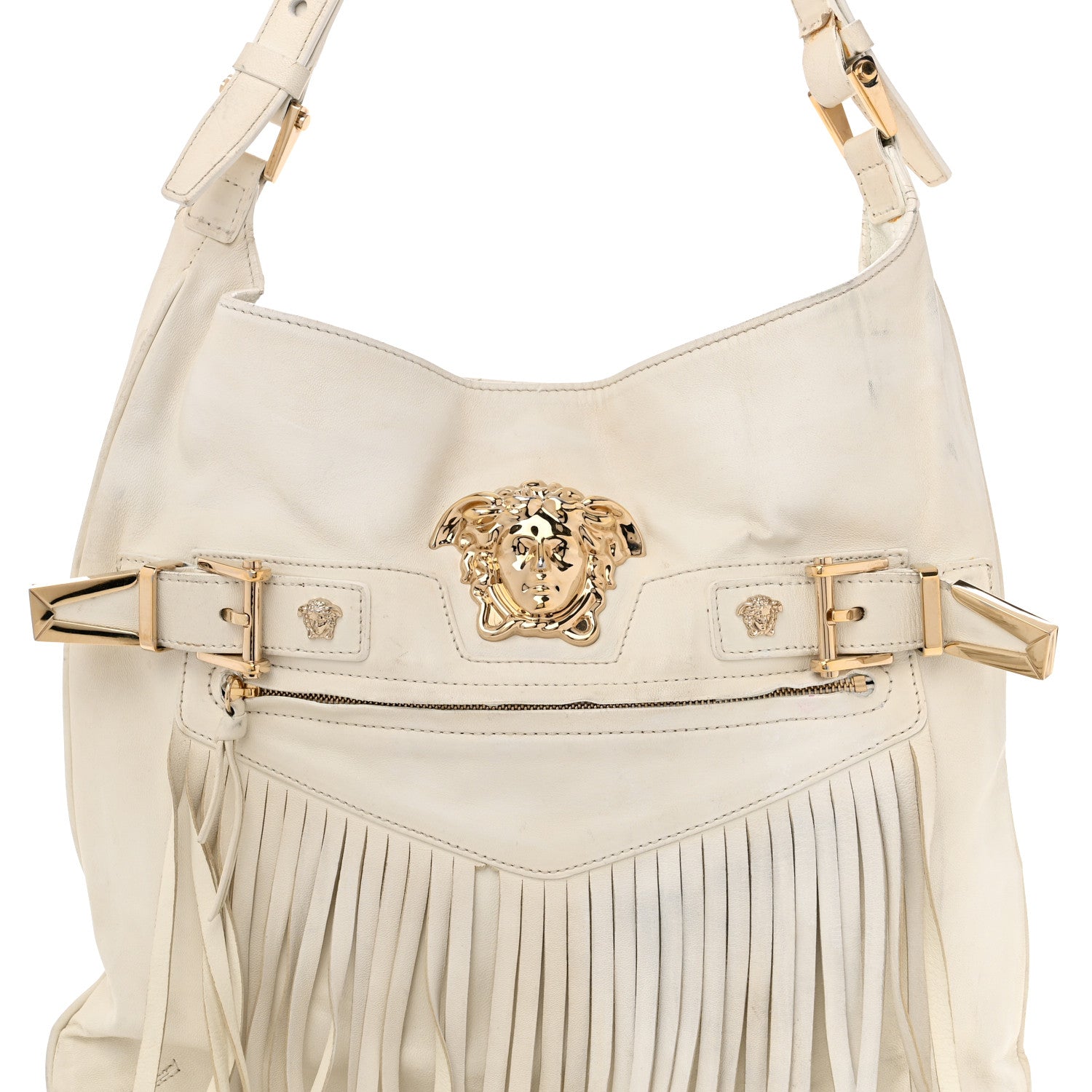 Versace Calfskin Medium Palazzo Fringe Shoulder Bag White 8 of 14