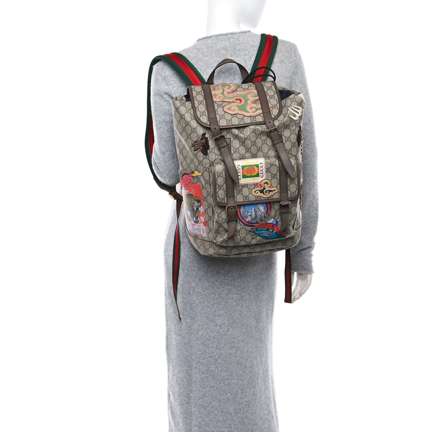 Soft GG Supreme Monogram Courrier Web Double Buckle Backpack Beige New Acero