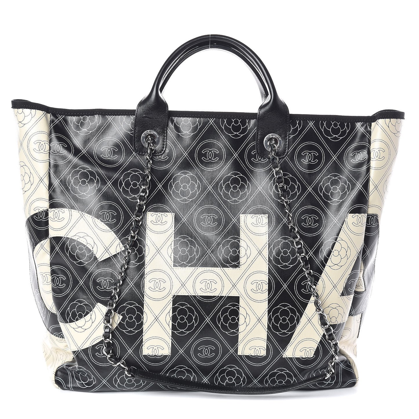Coated Canvas Camellia Medium Shopping Tote Black Beige