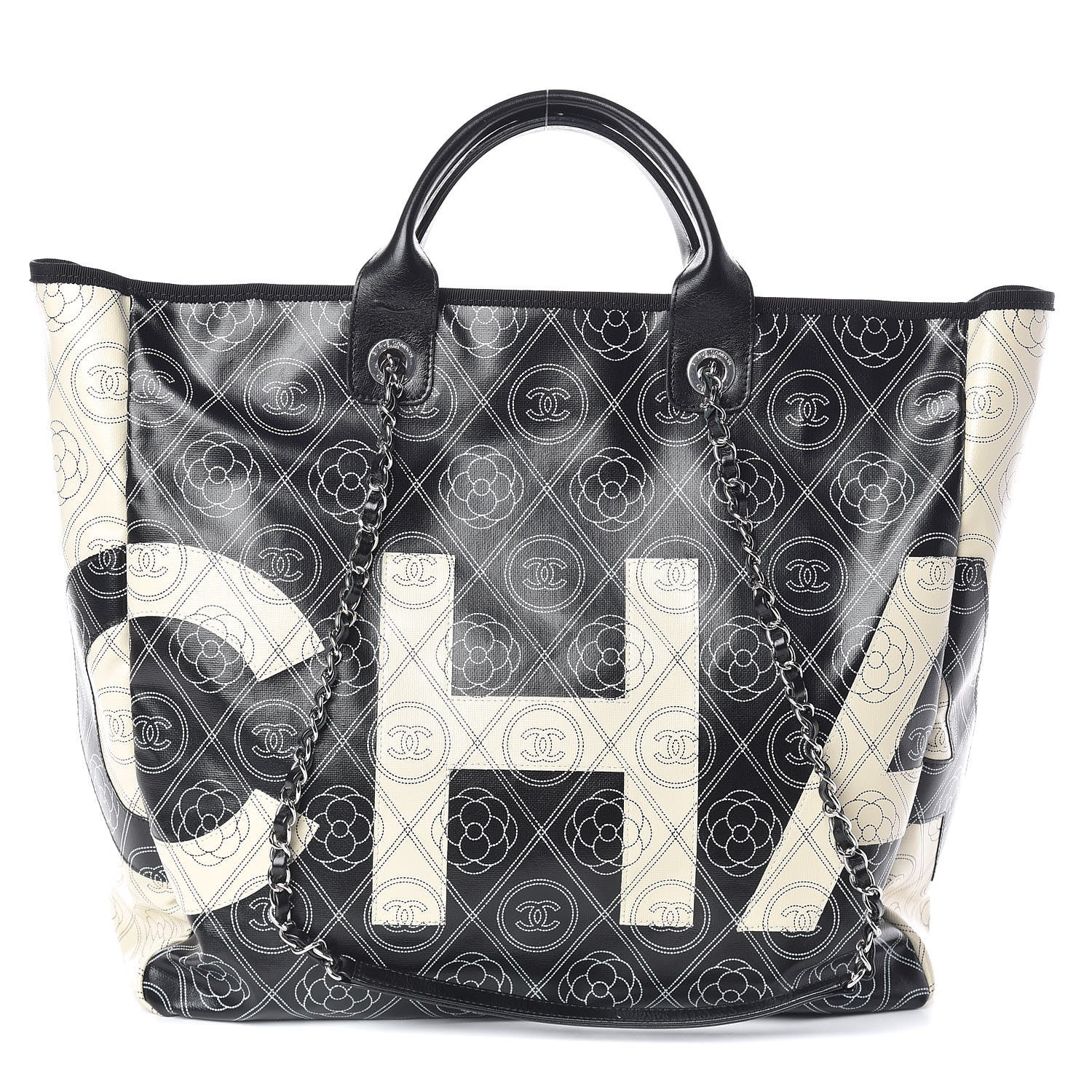 Chanel Coated Canvas Camellia Medium Shopping Tote Black Beige 1 of 11