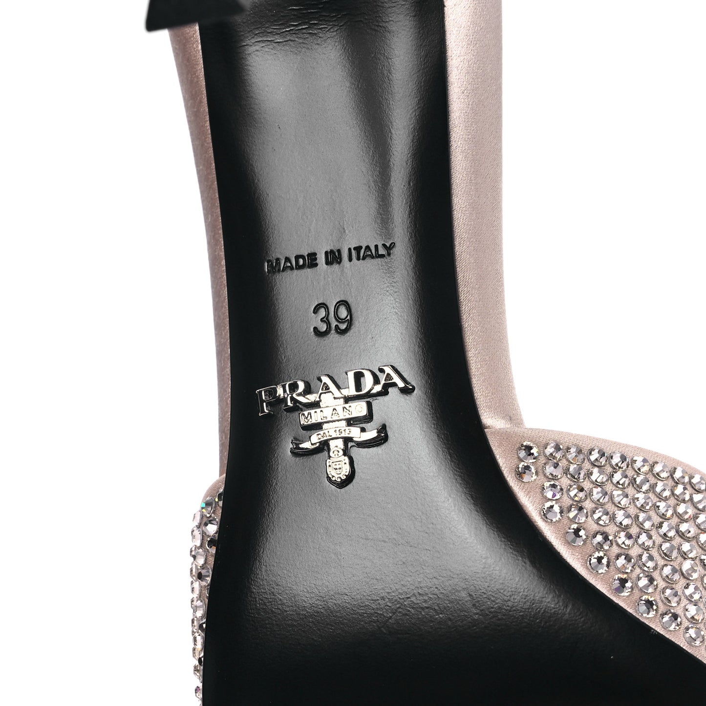 Satin Crystal Logo 85mm Slide Sandals 39 Ninfea