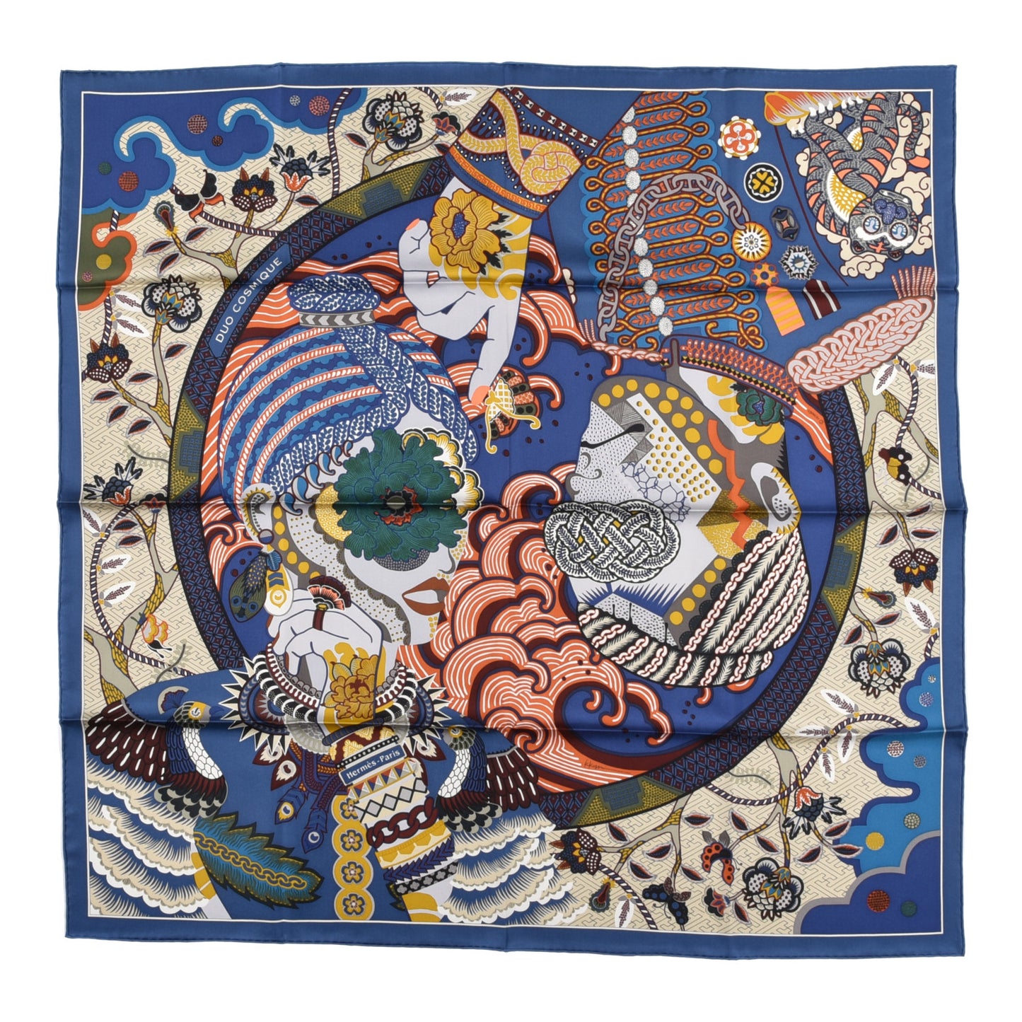 Silk Twill Duo Cosmique Scarf 90 Bleu Moyen Vert Ocre