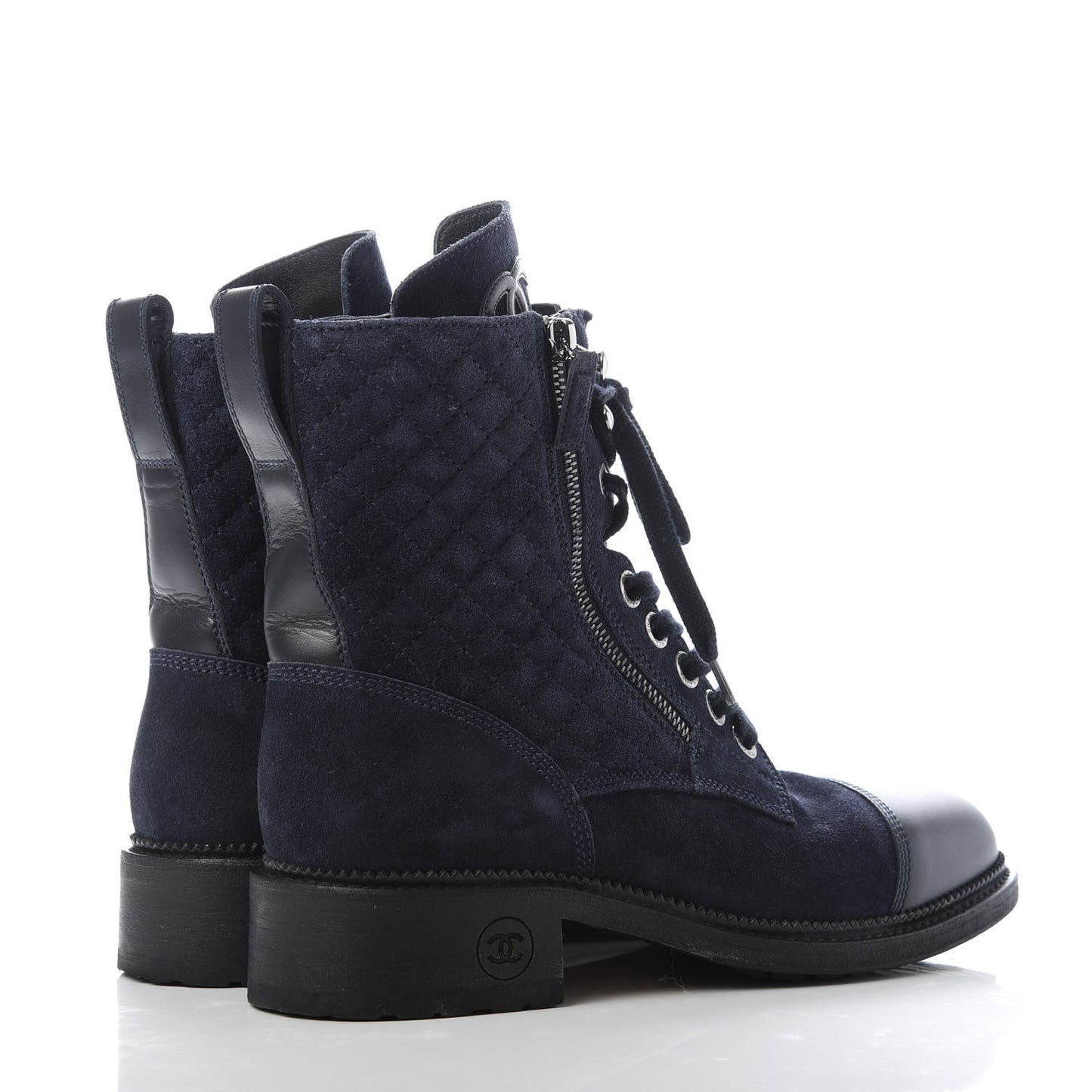 Suede Quilted CC Lace Up Combat Boots 39.5 Navy Black