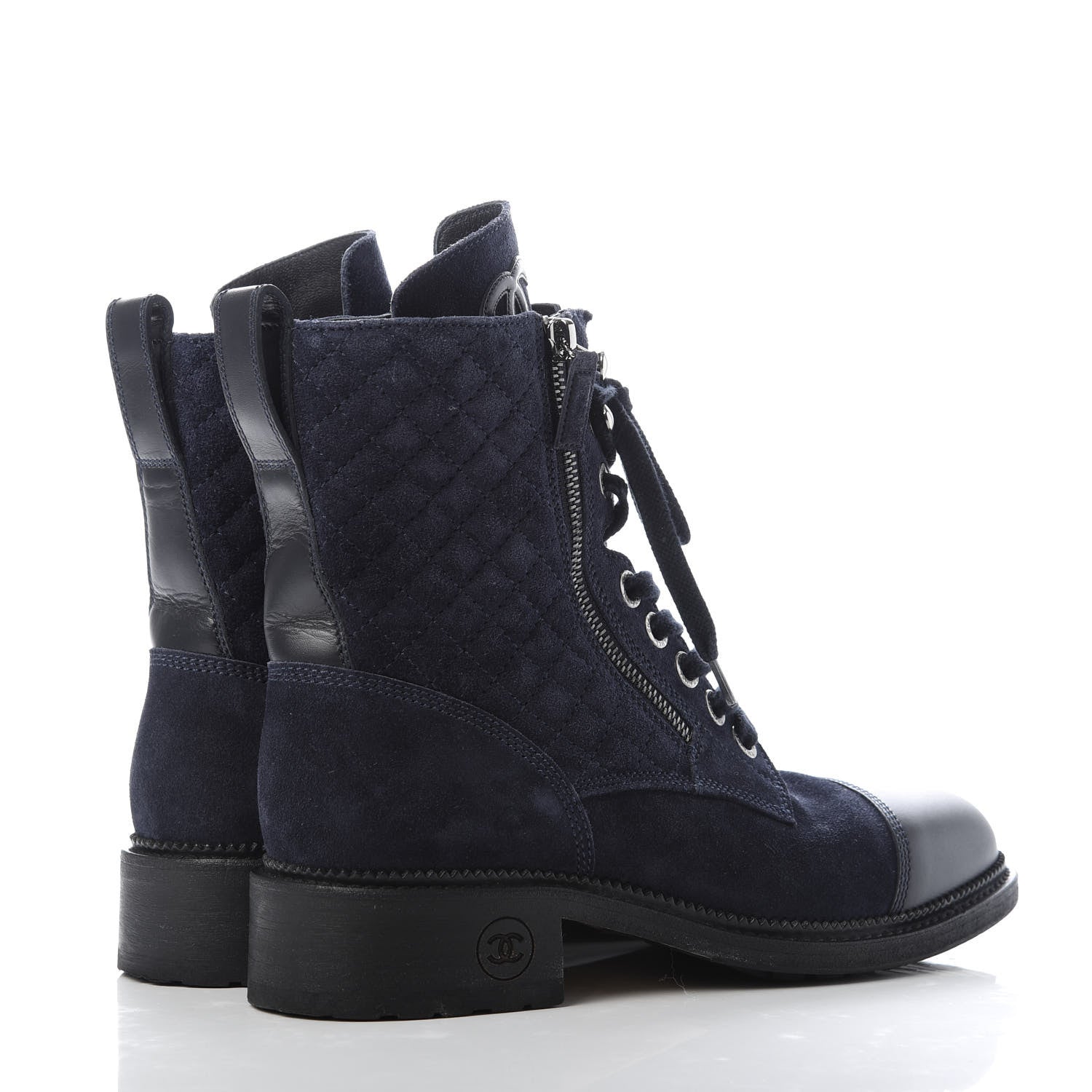 Chanel Suede Quilted CC Lace Up Combat Boots 39.5 Navy Black 4 of 9
