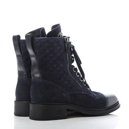Chanel Suede Quilted CC Lace Up Combat Boots 39.5 Navy Black 4 of 9