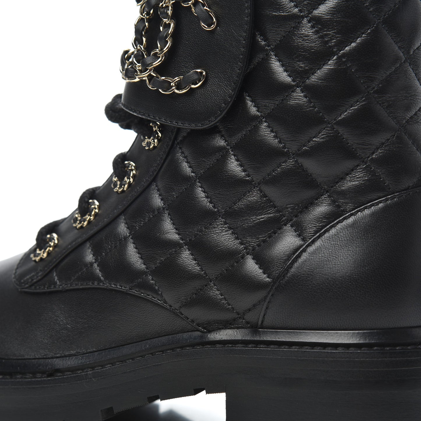 Shiny Lambskin Quilted Lace Up Combat Boots 37.5 Black