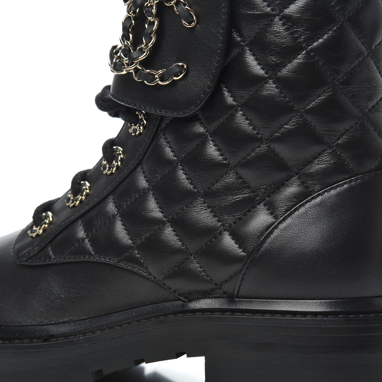 Chanel Shiny Lambskin Quilted Lace Up Combat Boots 37.5 Black 10 of 13