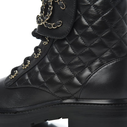Chanel Shiny Lambskin Quilted Lace Up Combat Boots 37.5 Black 10 of 13