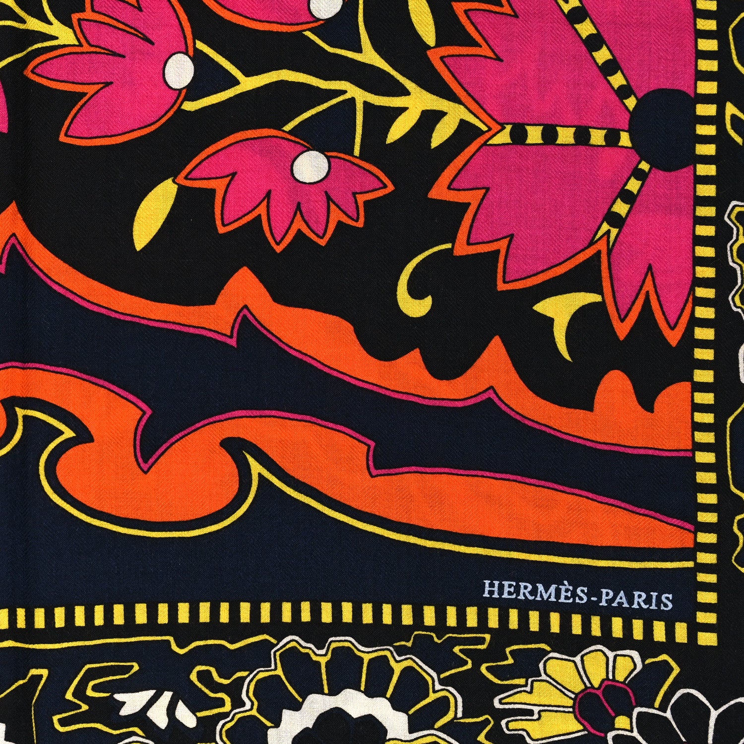 Hermes Cashmere Silk Paisley From Paisley Shawl 140 Black Orange Jaune Vif 2 of 3