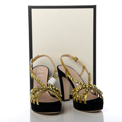 Gucci Velvet Nappa Crystal Zephyra Slingback Platform High Heel Sandals 38.5 Black Gold 8 of 8