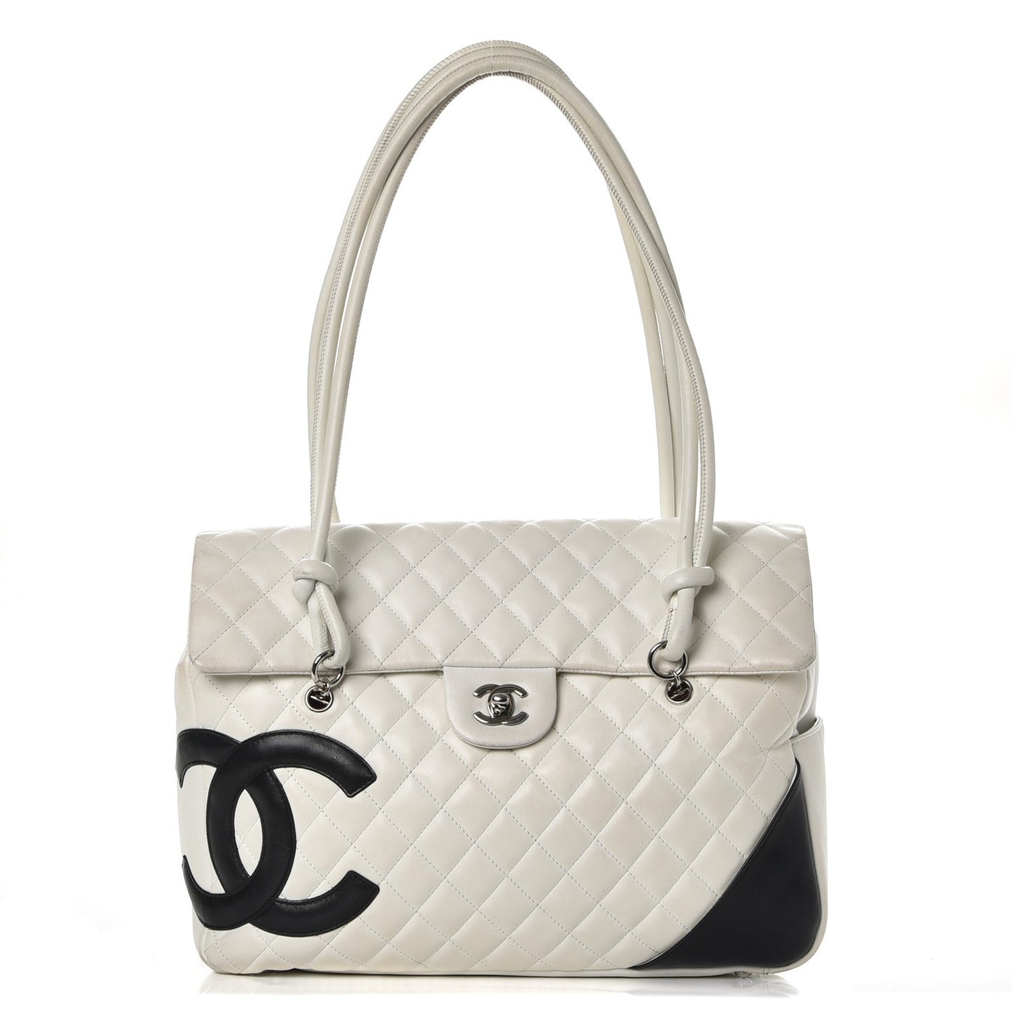 Calfskin Quilted Large Cambon Flap White Black
