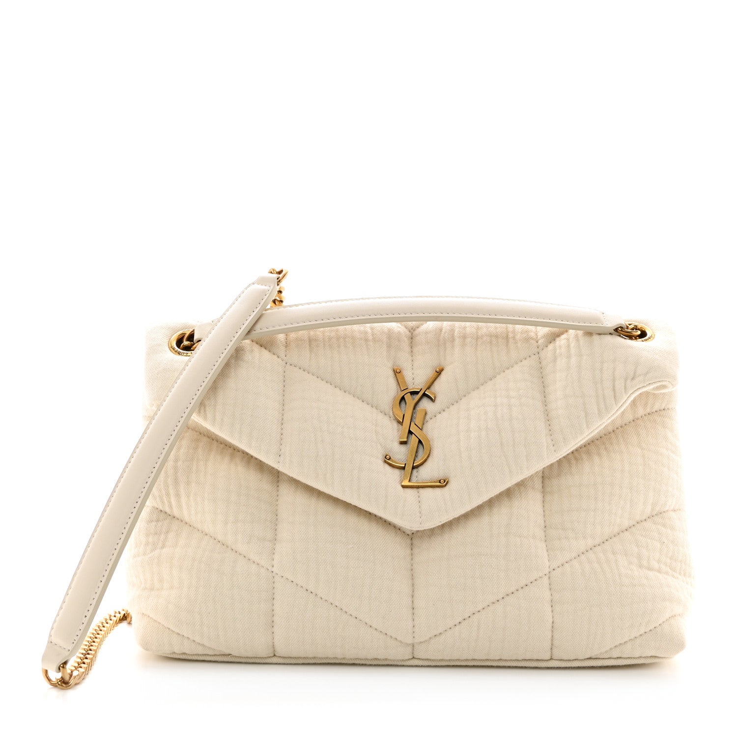 Saint Laurent Crinkle Cotton Quilted Small Loulou Puffer Monogram Chain Satchel Vanilla Ice 1 of 10