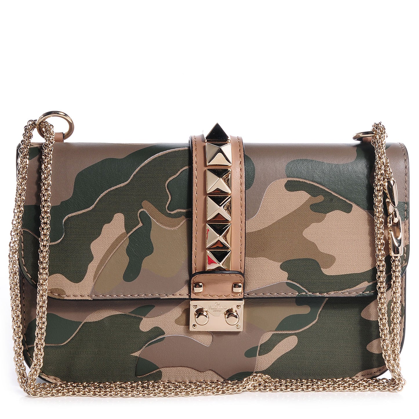 Nappa Canvas Camouflage Medium Glam Lock Rockstud Flap Green