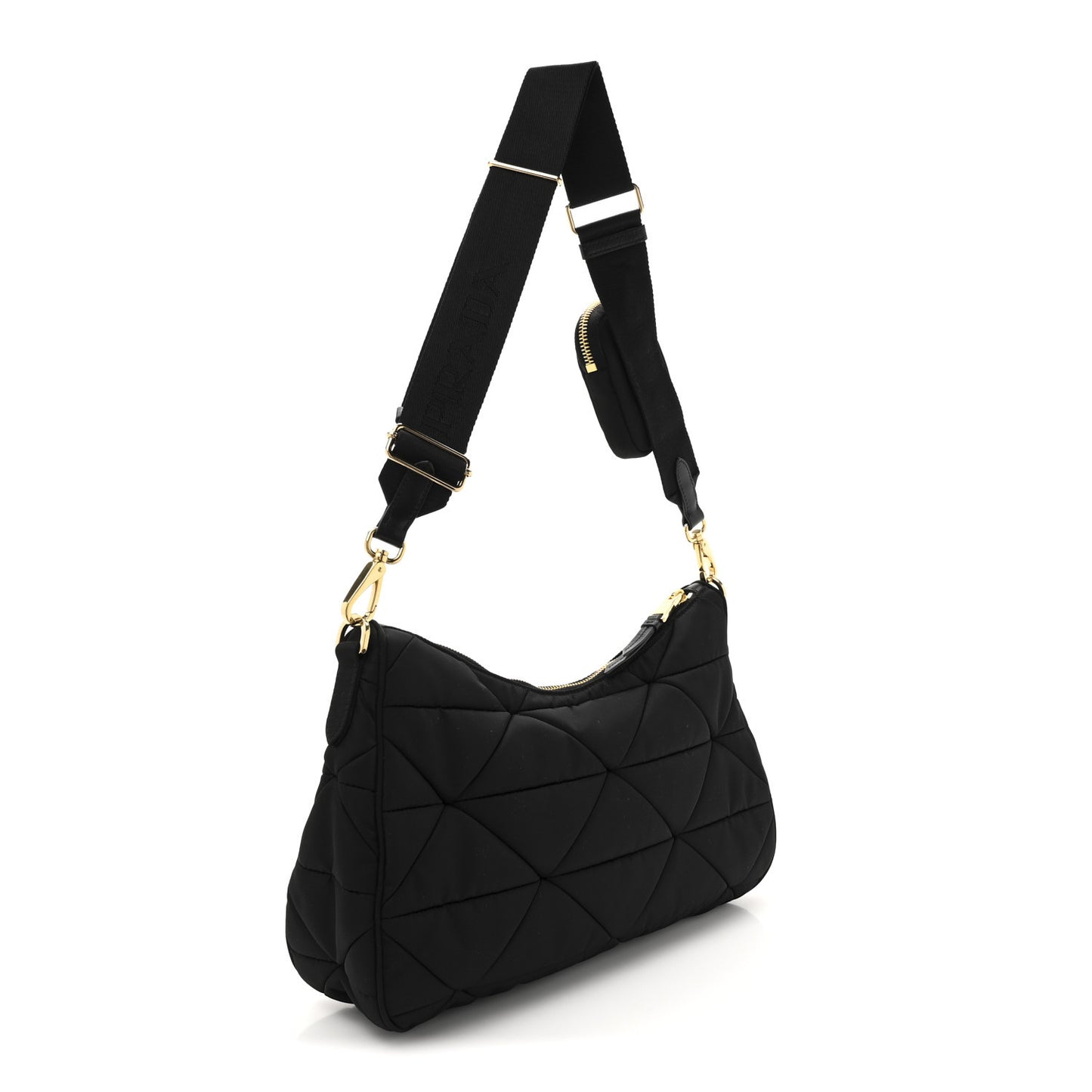 Re-Nylon Triangle Quilted Padded Patchwork System Large Shoulder Bag Black