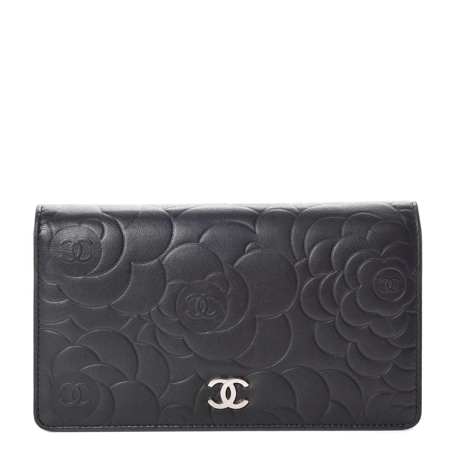 Chanel Lambskin Camellia Embossed Yen Wallet Black 1 of 13