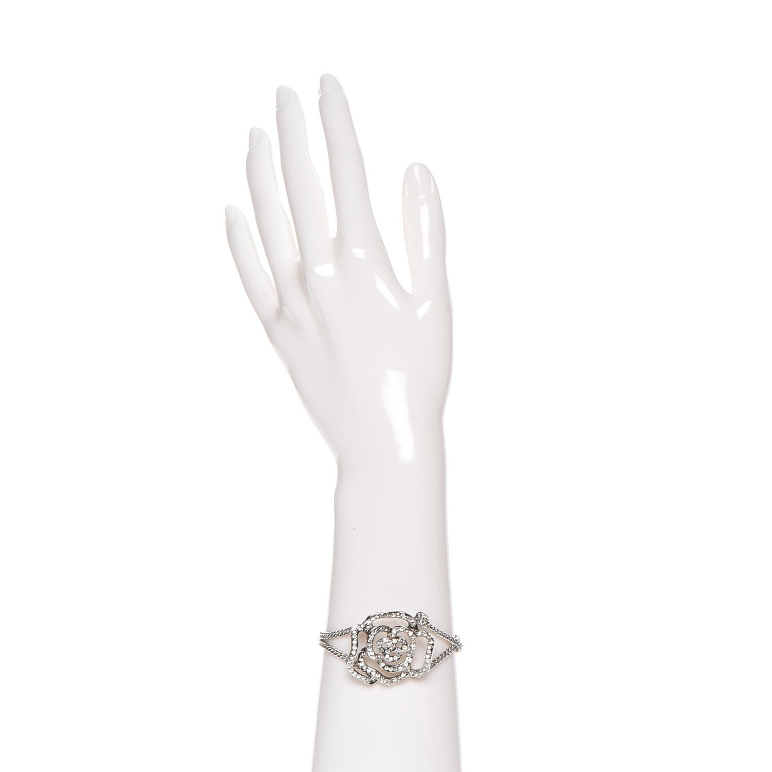 Chanel Swarovski Crystal Chain Camellia CC Bracelet Silver 2 of 5
