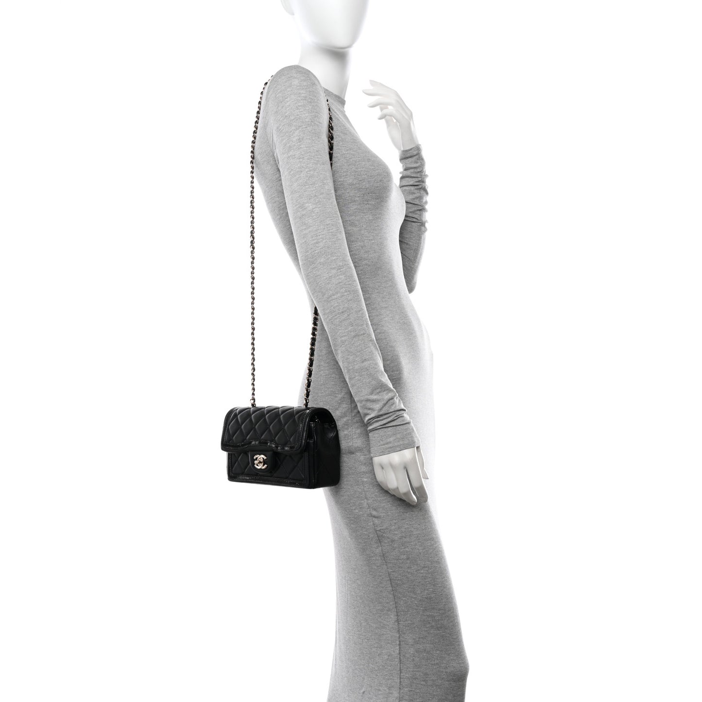 Lambskin Patent Calfskin Quilted Flap Phone Holder With Chain Black