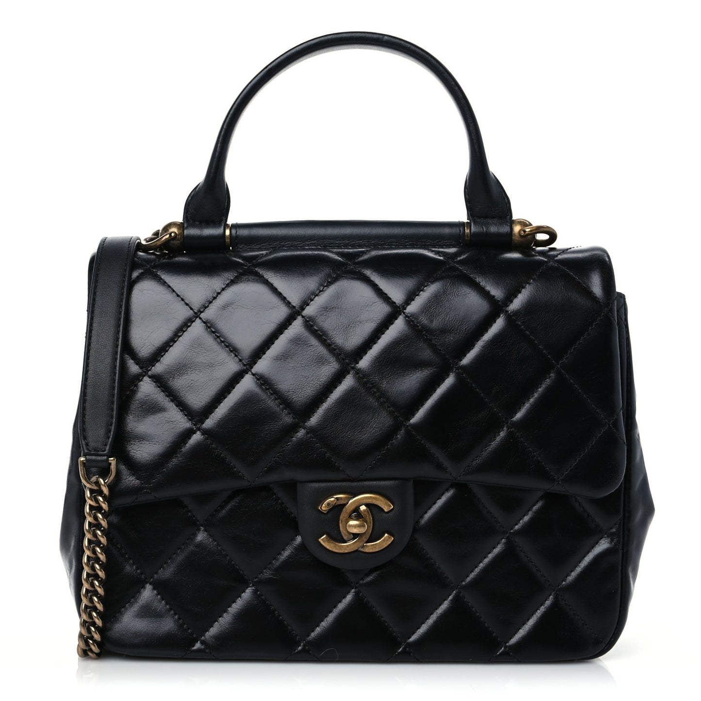 Glazed Calfskin Quilted Medium Gold Bar Top Handle Flap Black