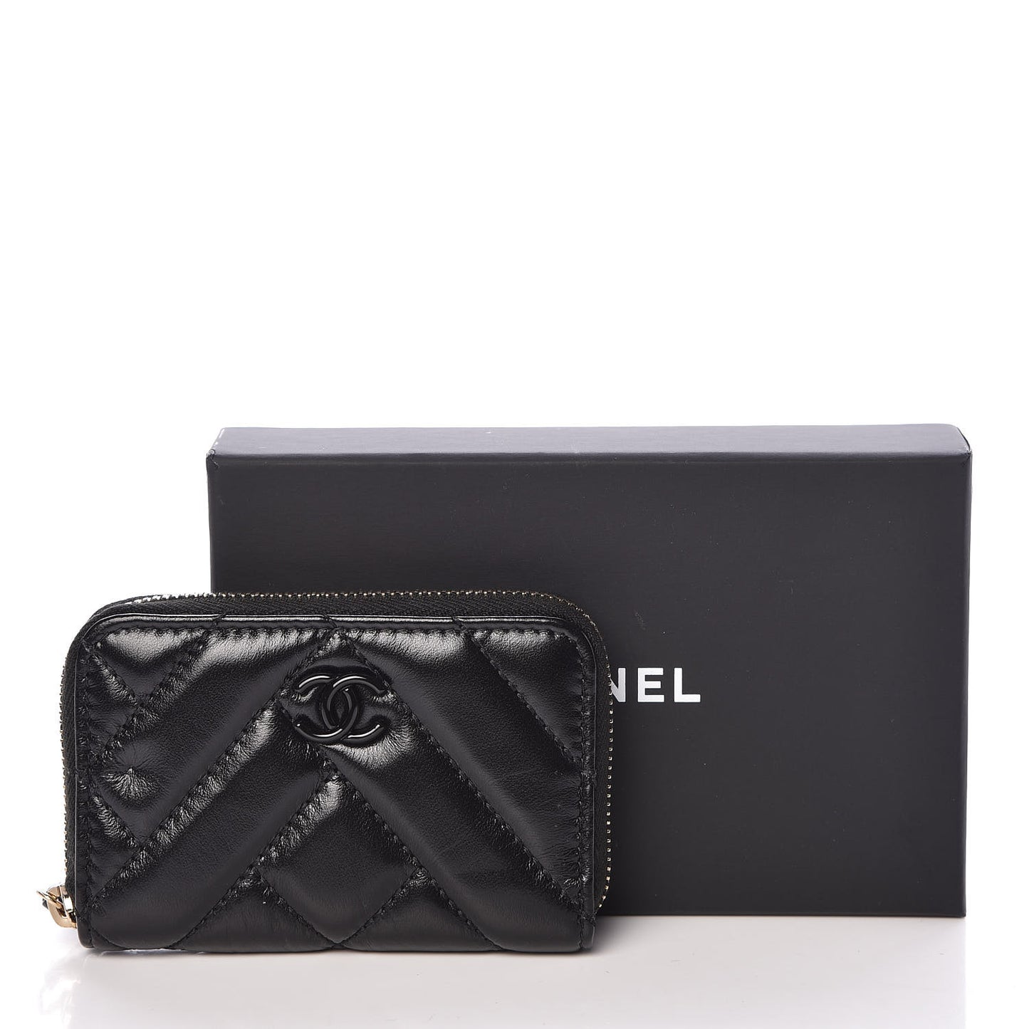 Shiny Lambskin Chevron Quilted Coin Purse So Black