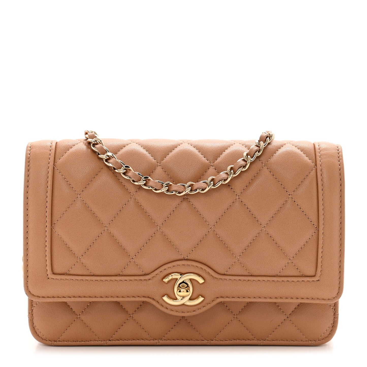 Lambskin Quilted Hold The Line Wallet On Chain WOC Dark Beige
