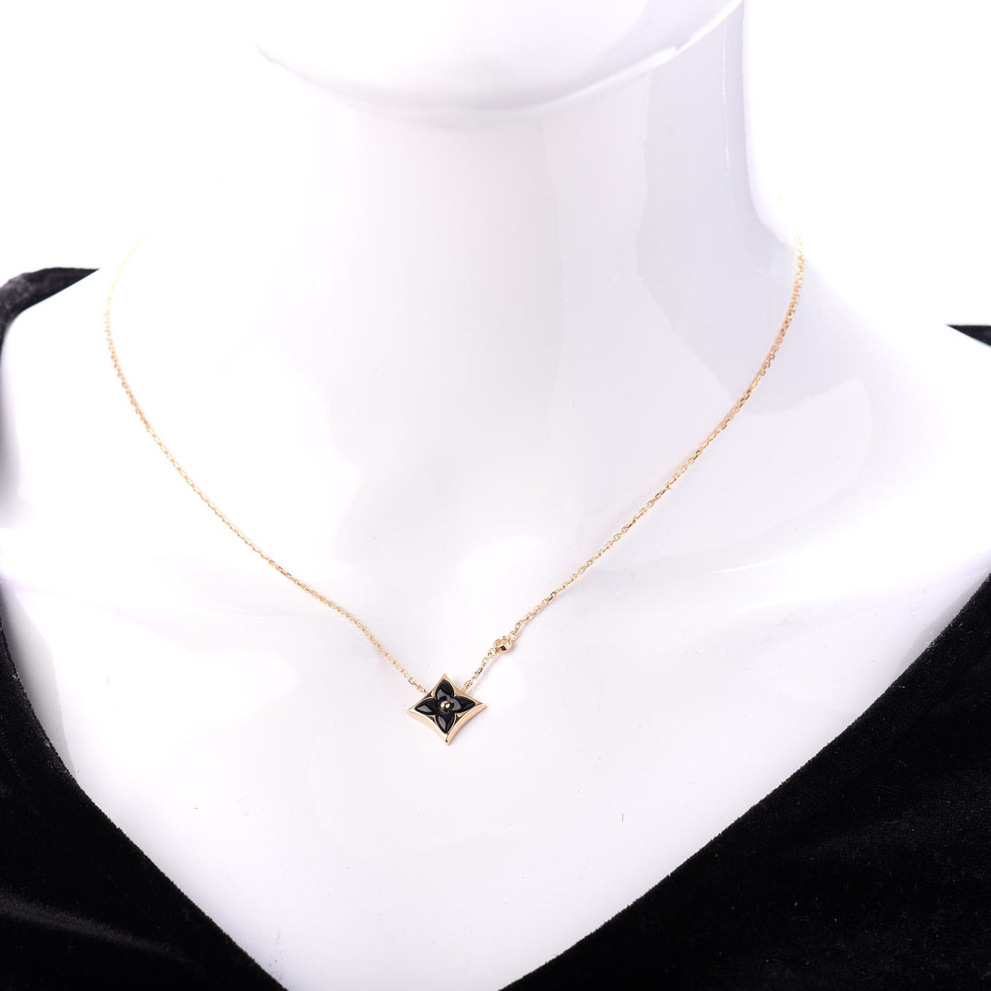 18K Yellow Gold Diamond Black Onyx Color Blossom BB Star Pendant Necklace