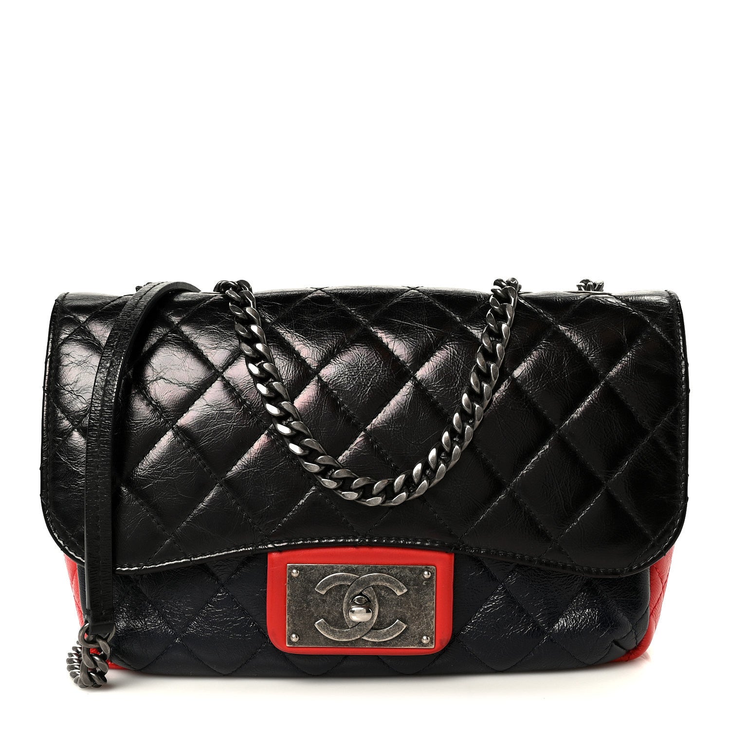 Chanel Shiny Goatskin Quilted Tri-Color Flap Black Red Navy 1 of 10