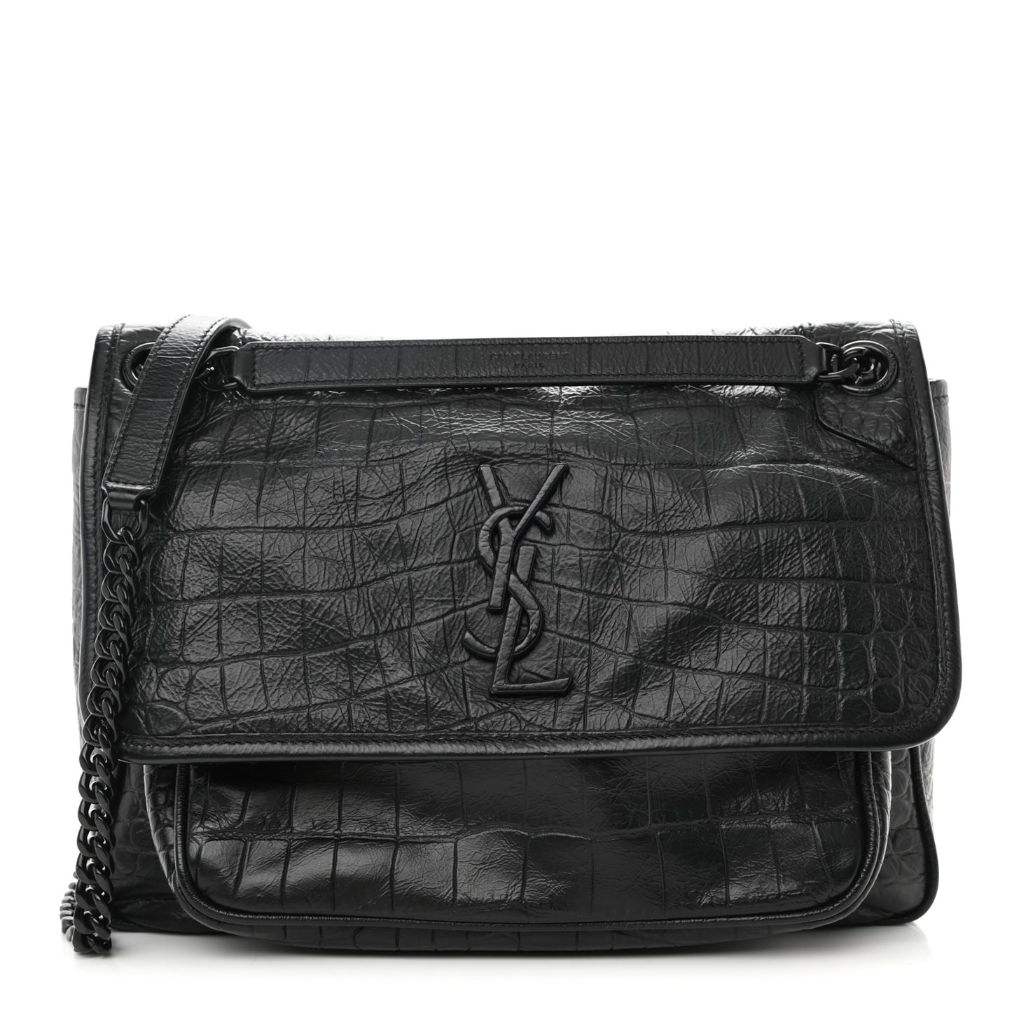 Crinkled Calfskin Matelasse Monogram Medium Niki Chain Satchel Black