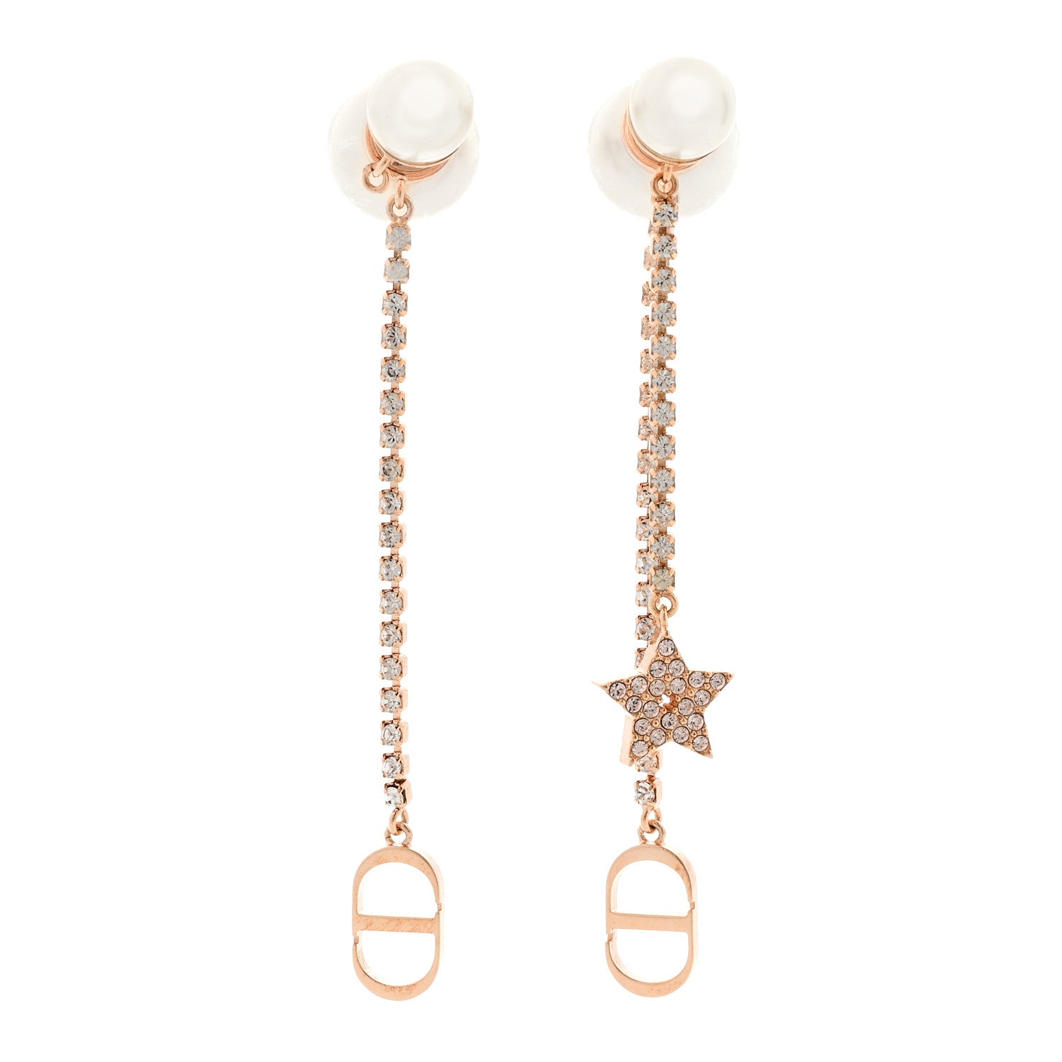 Christian Dior Pearl Crystal Star Tribale Dangle Chain Earrings Rose Gold 1 of 7