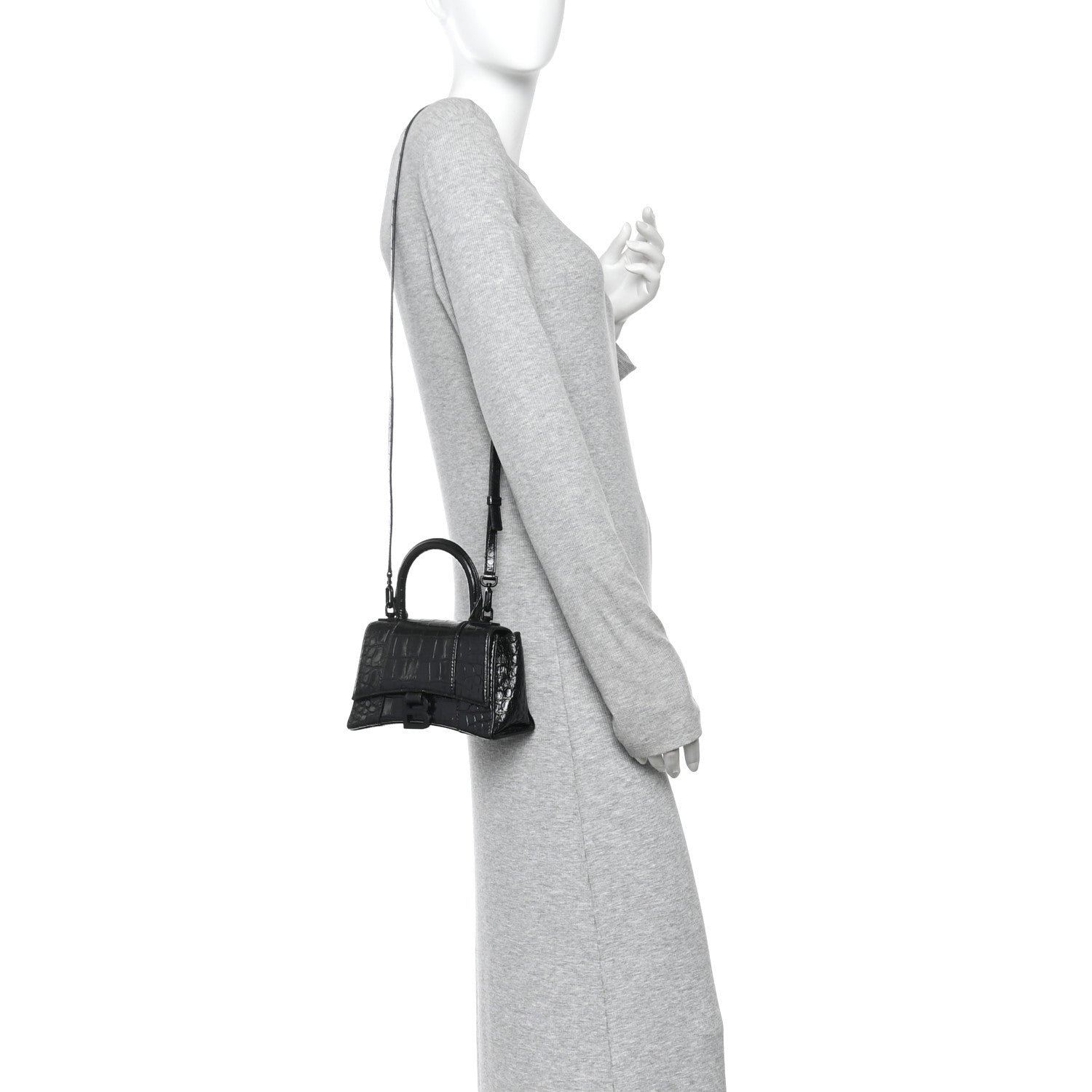 Balenciaga Shiny Calfskin Monochrome Crocodile Embossed Hourglass Top Handle Bag XS Black 2 of 17