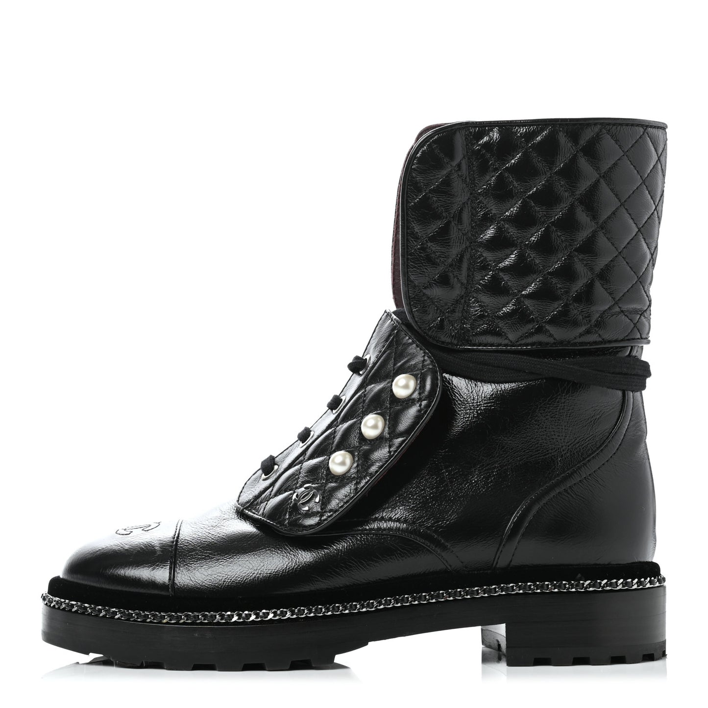 Crackled Calfskin Velvet Pearl Combat Ankle Boots 39.5 Black
