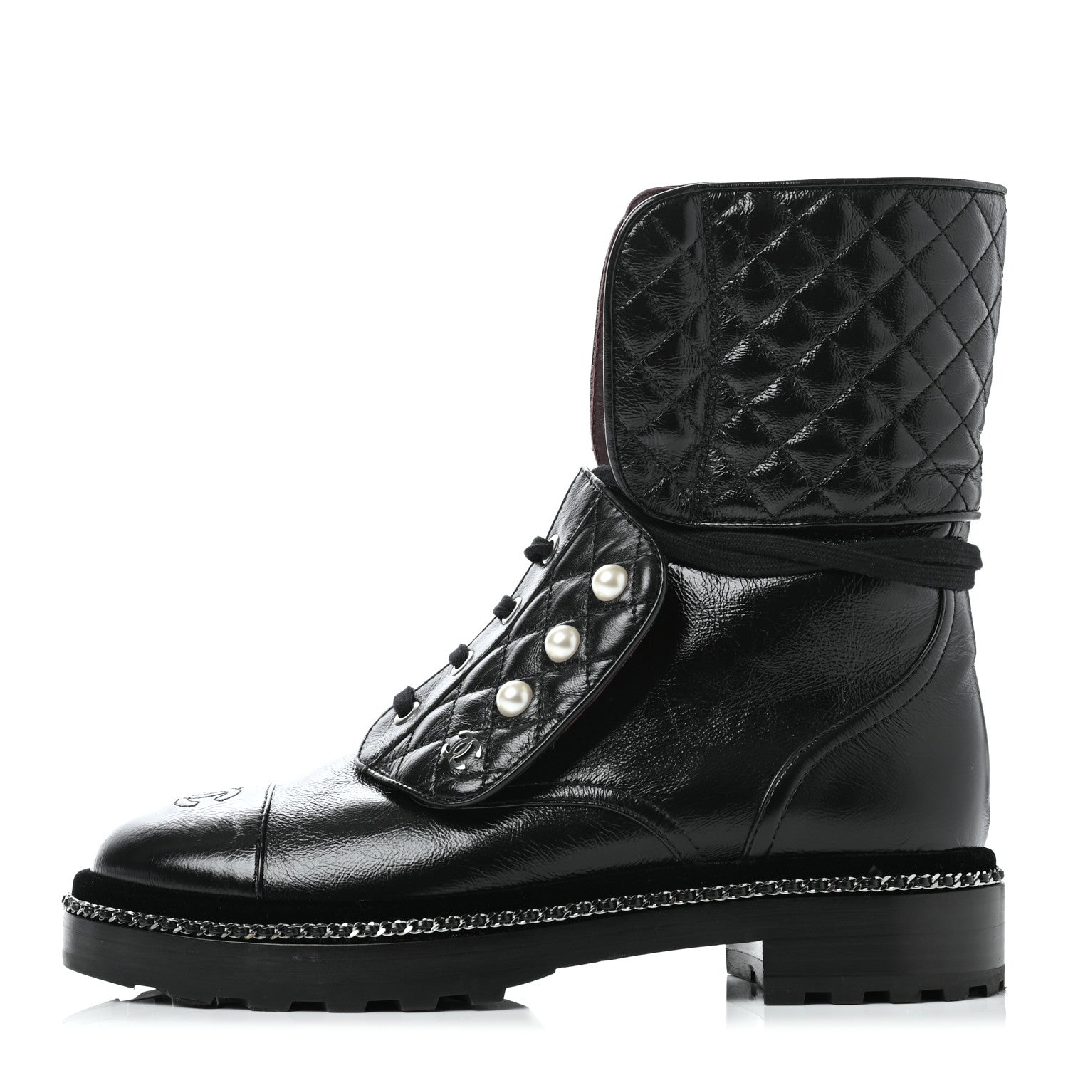 Chanel Crackled Calfskin Velvet Pearl Combat Ankle Boots 39.5 Black 1 of 11