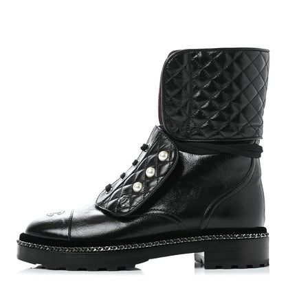 Chanel Crackled Calfskin Velvet Pearl Combat Ankle Boots 39.5 Black 1 of 11
