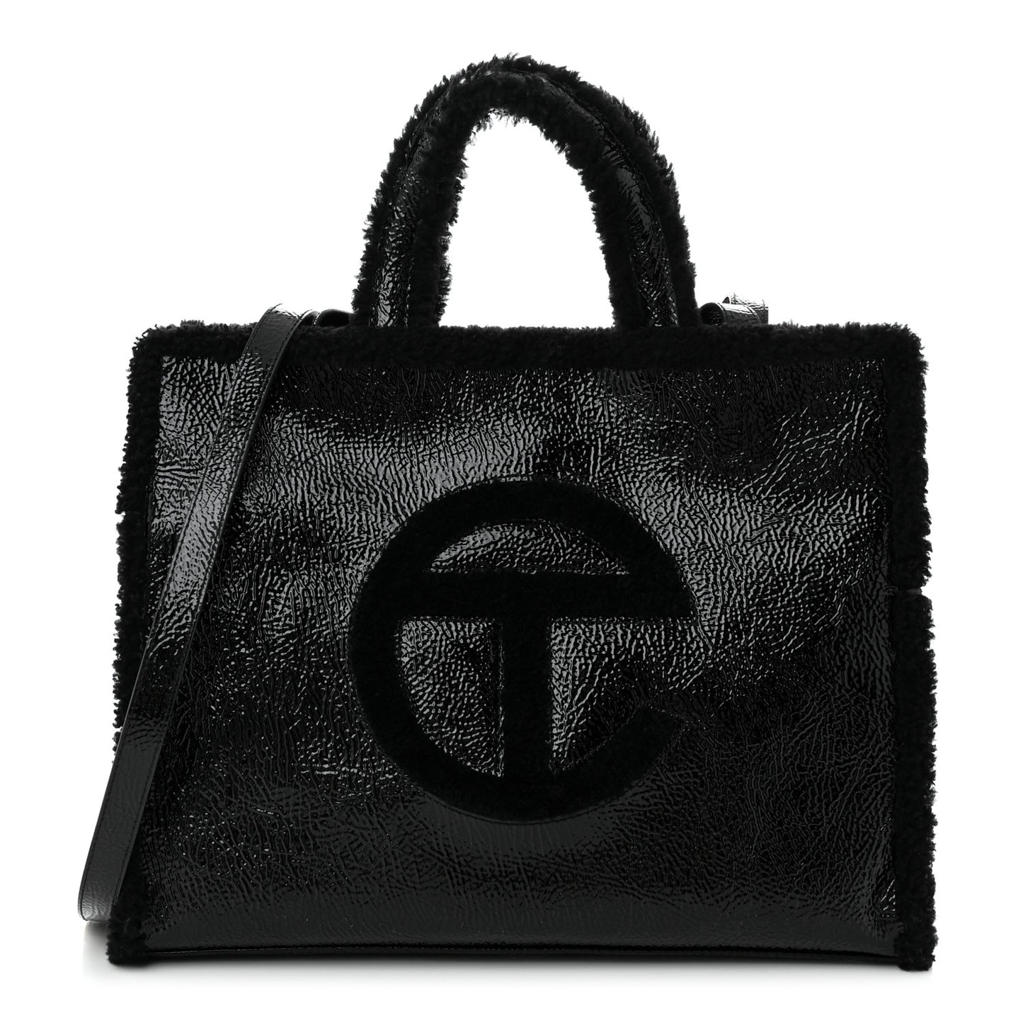 X UGG Crinkle Patent Shearling Medium Shopping Bag Black