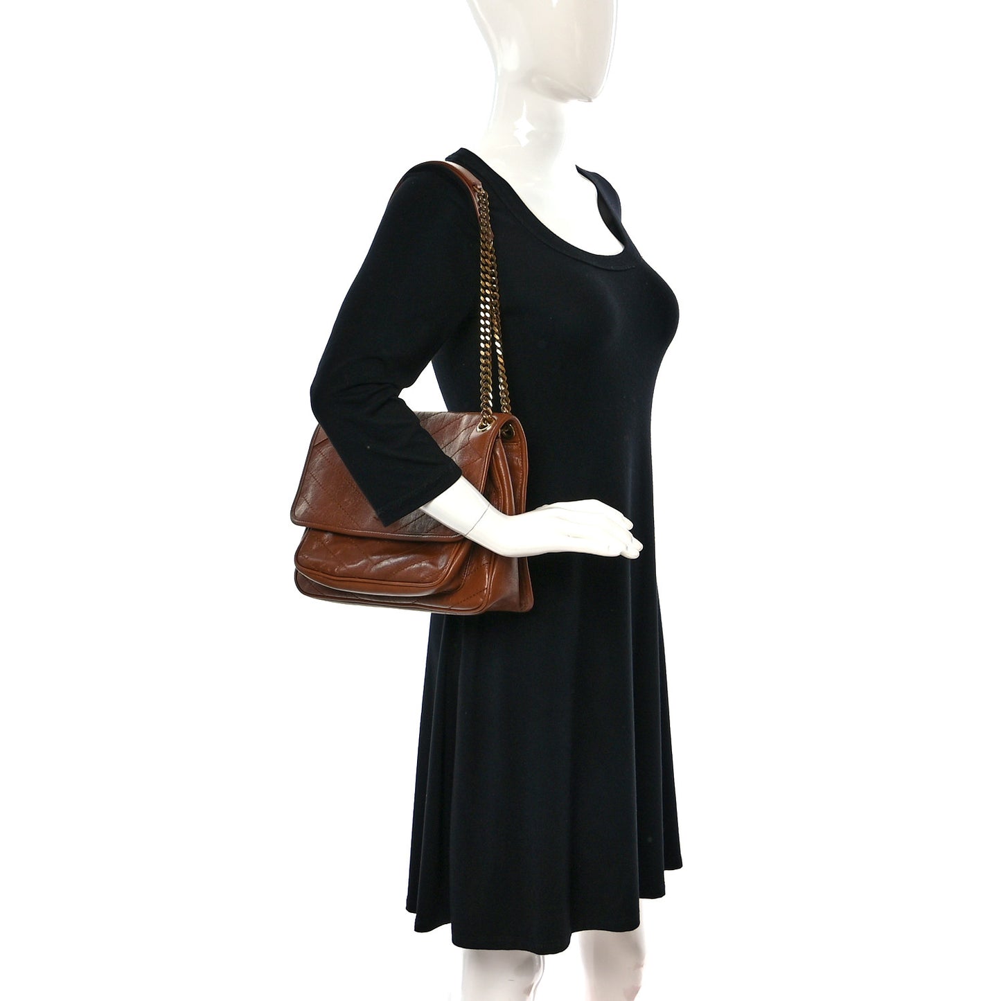 Crinkled Calfskin Matelasse Monogram Medium Niki Chain Satchel Caramel